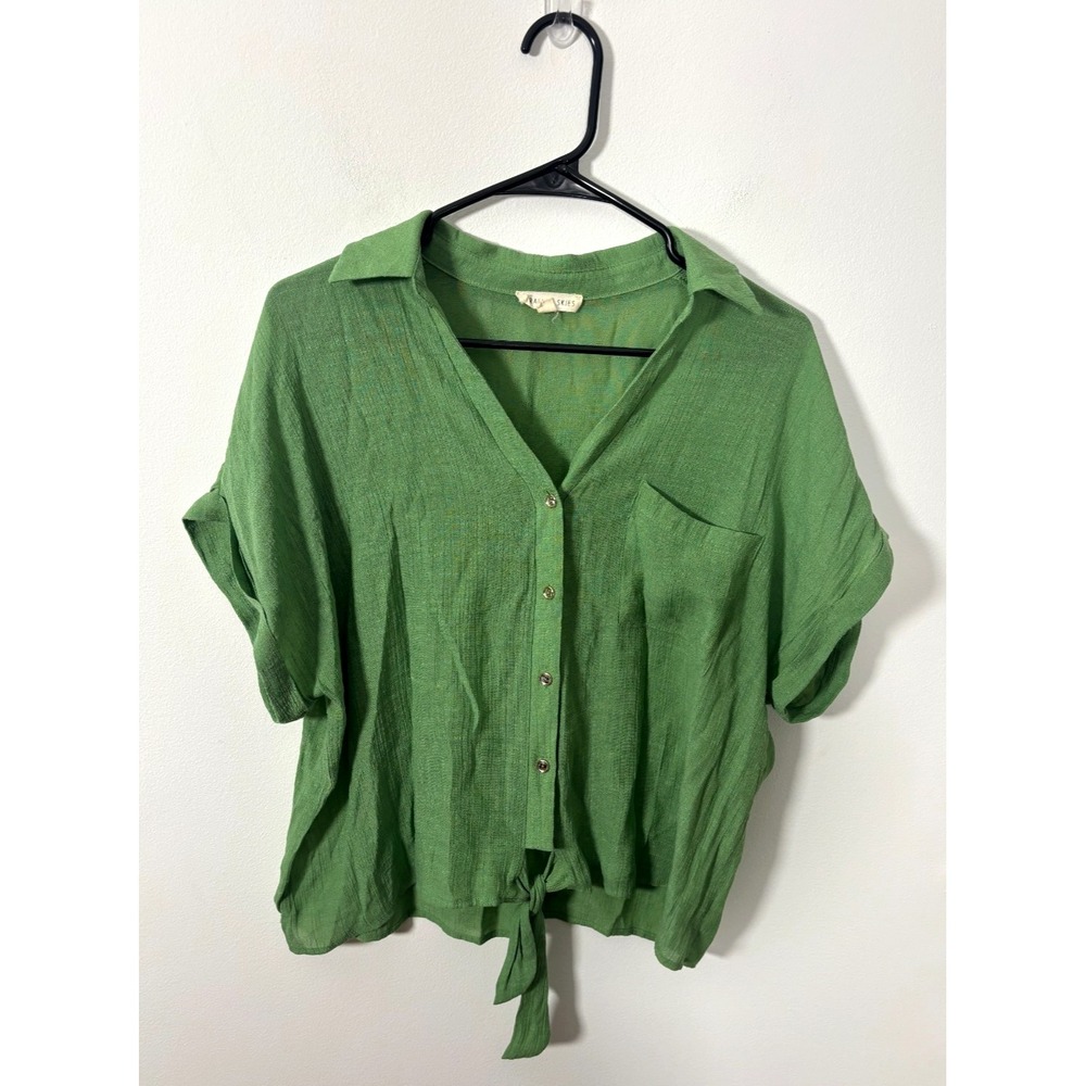 Parallel Skies Top Women's Large Green Tie Front Button Up Sheer Blouse
